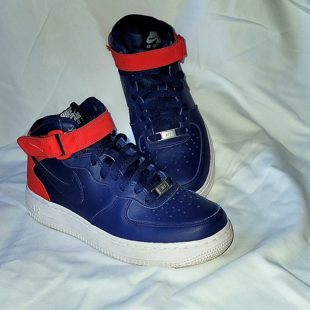 Nike Air Force 1 red blue mid 6.5 box sneakers shoes leather seasonal co…